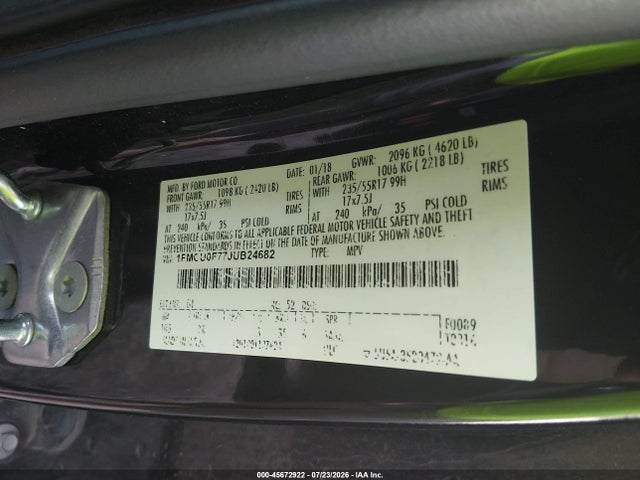 45672922 :رقم المزاد ، 1FMCU0F77JUB24682 vin ، 2018 Ford Escape S مزاد بيع