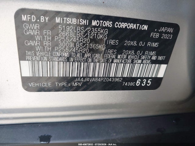 45672932 :رقم المزاد ، JA4J4VA84PZ043962 vin ، 2023 Mitsubishi Outlander Sel 2.5 S-awc/sel 40th Anniversary S-awc/sel Black Edition S-awc مزاد بيع