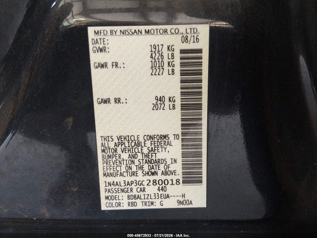 1N4AL3AP3GC280018 Nissan Altima 2.5 Sv