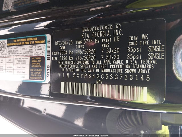 Aukcja sprzedaży 2025 Kia Telluride S, vin: 5XYP64GC5SG733145, numer aukcji: 45672939
