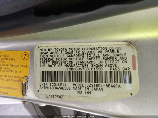 Продажа на аукционе авто 2003 Lexus Gs 300, vin: JT8BD69S730181590, номер лота: 45672941