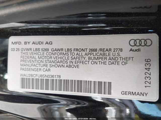 45672965 :رقم المزاد ، WAU2BCFU8SN036178 vin ، 2025 Audi All-new A5 Premium Plus Tfsi Quattro S Tronic مزاد بيع