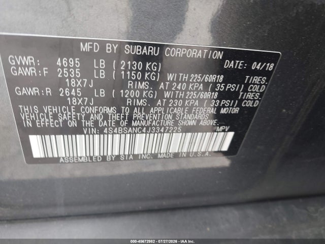 45672982 :رقم المزاد ، 4S4BSANC4J3347225 vin ، 2018 Subaru Outback 2.5i Limited مزاد بيع