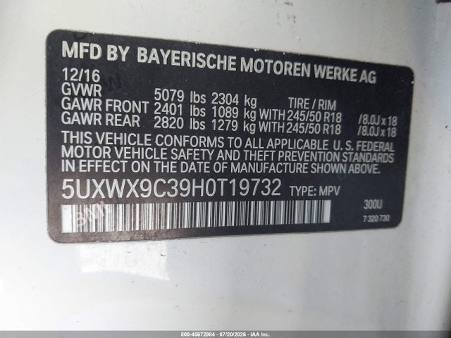 2017 Bmw X3 Xdrive28i მანქანა იყიდება აუქციონზე, vin: 5UXWX9C39H0T19732, აუქციონის ნომერი: 45672984