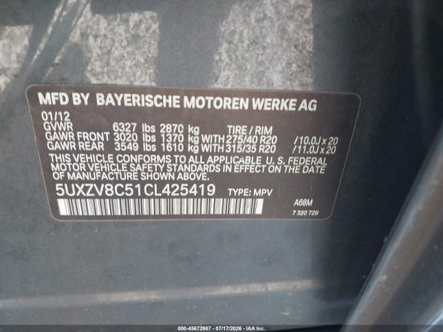Продаж на аукціоні авто 2012 Bmw X5 Xdrive50i, vin: 5UXZV8C51CL425419, номер лоту: 45672987
