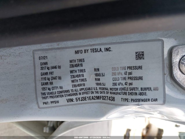 Aukcja sprzedaży 2021 Tesla Model 3 Standard Range Plus Rear-wheel Drive, vin: 5YJ3E1EA2MF027438, numer aukcji: 45672999