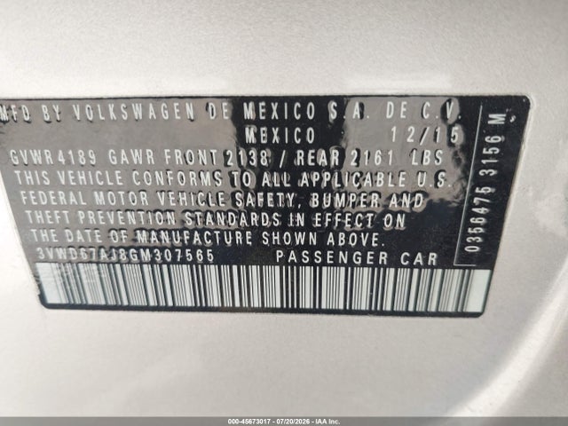 2016 Volkswagen Jetta 1.4t Se მანქანა იყიდება აუქციონზე, vin: 3VWD67AJ8GM307565, აუქციონის ნომერი: 45673017