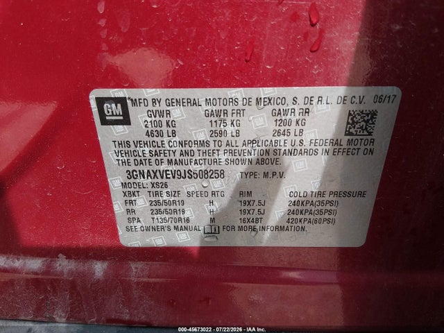 2018 Chevrolet Equinox Premier მანქანა იყიდება აუქციონზე, vin: 3GNAXVEV9JS508258, აუქციონის ნომერი: 45673022