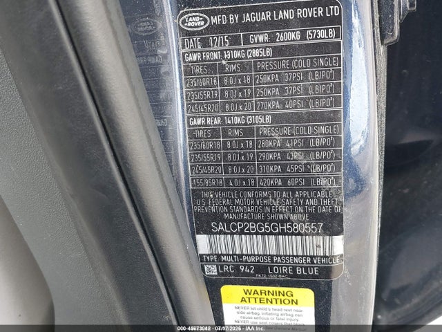 45673042 :رقم المزاد ، SALCP2BG5GH580557 vin ، 2016 Land Rover Discovery Sport Se مزاد بيع