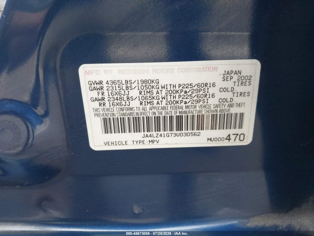 2003 Mitsubishi Outlander Xls მანქანა იყიდება აუქციონზე, vin: JA4LZ41G73U030562, აუქციონის ნომერი: 45673059