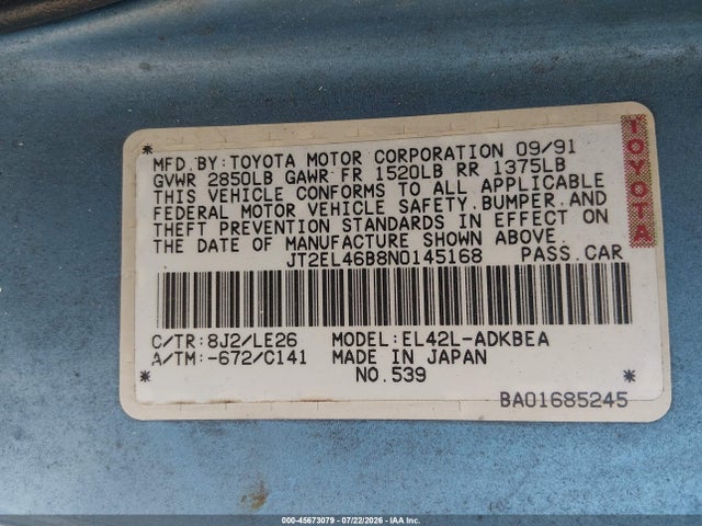 45673079 :رقم المزاد ، JT2EL46B8N0145168 vin ، 1992 Toyota Tercel Std مزاد بيع