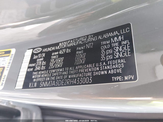 Aukcja sprzedaży 2024 Hyundai Tucson Se, vin: 5NMJA3DE2RH433003, numer aukcji: 45673092