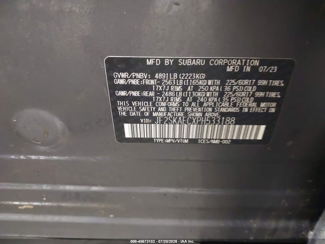 Продаж на аукціоні авто 2023 Subaru Forester Premium, vin: JF2SKAECXPH533188, номер лоту: 45673102