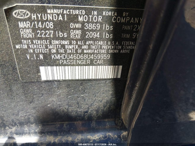 45673113 :رقم المزاد ، KMHDU46D68U459959 vin ، 2008 Hyundai Elantra Gls/se مزاد بيع