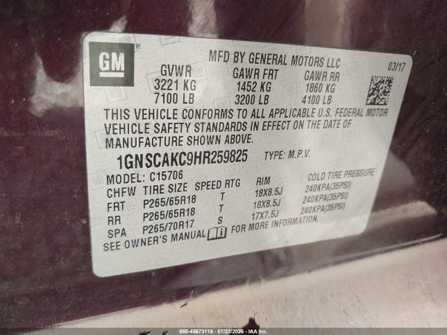 45673118 :رقم المزاد ، 1GNSCAKC9HR259825 vin ، 2017 Chevrolet Tahoe Ls مزاد بيع
