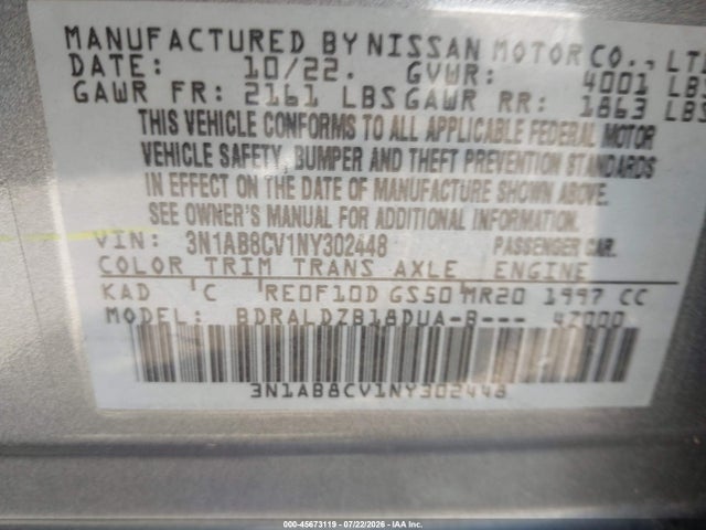 45673119 :رقم المزاد ، 3N1AB8CV1NY302448 vin ، 2022 Nissan Sentra Sv Xtronic Cvt مزاد بيع