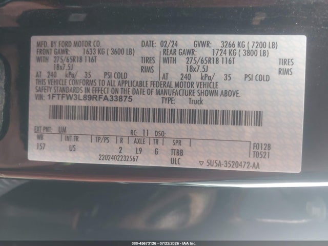 Aukcja sprzedaży 2024 Ford F-150 Xlt, vin: 1FTFW3L89RFA33875, numer aukcji: 45673126