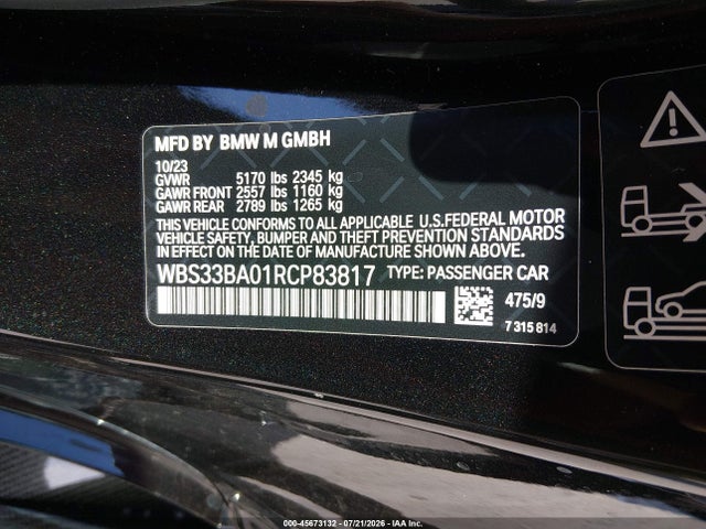 Aukcja sprzedaży 2024 Bmw M4 Competition Xdrive, vin: WBS33BA01RCP83817, numer aukcji: 45673132