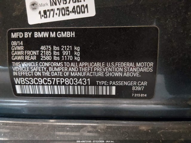 45673150 :رقم المزاد ، WBS3C9C57FP803431 vin ، 2015 Bmw M3 مزاد بيع
