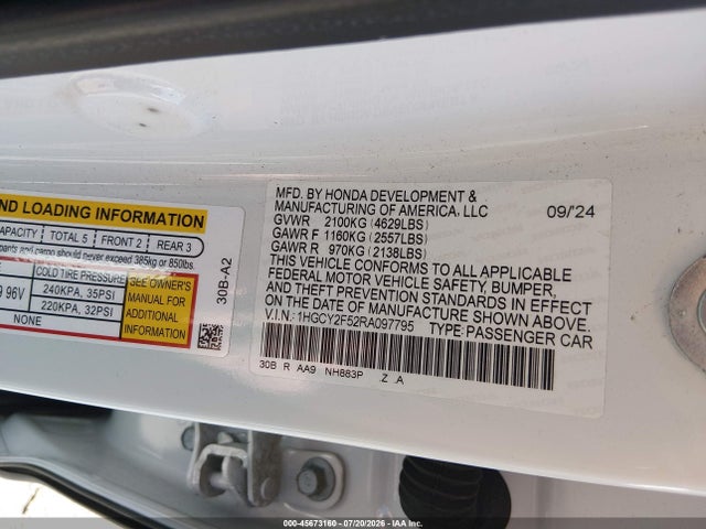 45673160 :رقم المزاد ، 1HGCY2F52RA097795 vin ، 2024 Honda Accord Hybrid Sport مزاد بيع