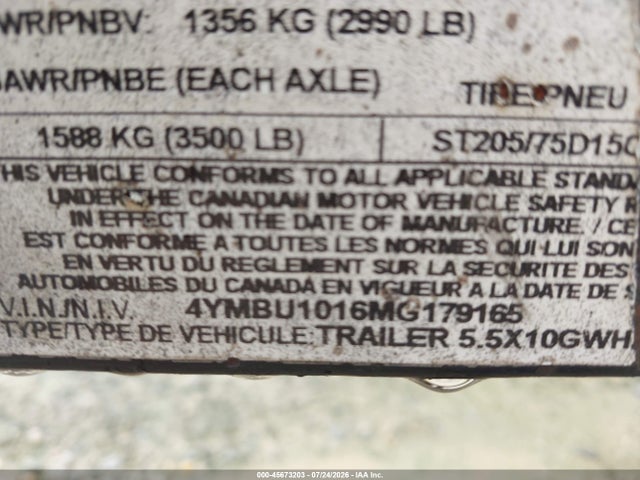 Продаж на аукціоні авто 2021 Carry On Utility Trailer-small, vin: 4YMBU1016MG179165, номер лоту: 45673203
