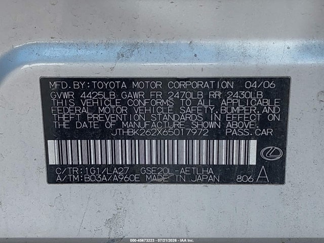 45673223 :رقم المزاد ، JTHBK262X65017972 vin ، 2006 Lexus Is 250 مزاد بيع