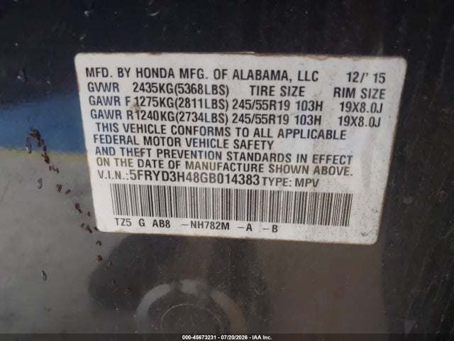 Aukcja sprzedaży 2016 Acura Mdx, vin: 5FRYD3H48GB014383, numer aukcji: 45673231