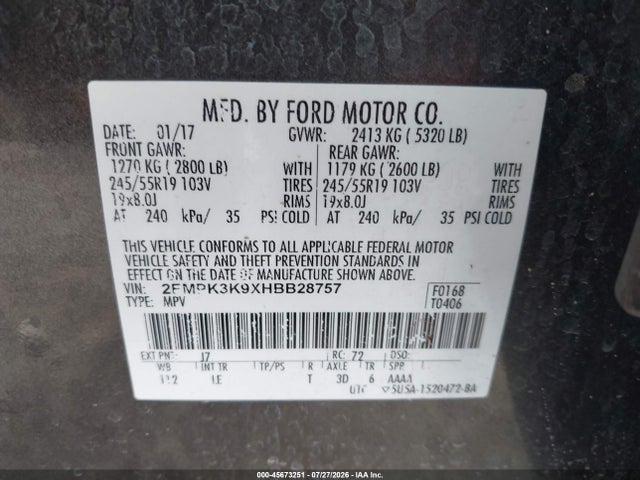 Продаж на аукціоні авто 2017 Ford Edge Titanium, vin: 2FMPK3K9XHBB28757, номер лоту: 45673251