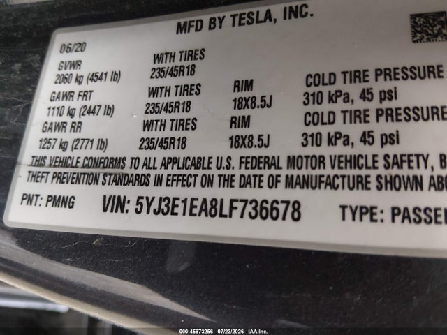 2020 Tesla Model 3 Standard Range Plus Rear-wheel Drive/standard Range Rear-wheel Drive მანქანა იყიდება აუქციონზე, vin: 5YJ3E1EA8LF736678, აუქციონის ნომერი: 45673256