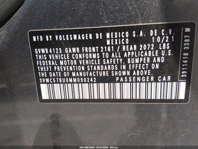 45673283 :رقم المزاد ، 3VWC57BU0MM090242 vin ، 2021 Volkswagen Jetta 1.4t R-line/1.4t Se/s مزاد بيع
