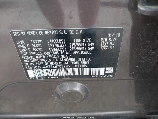 3CZRU6H73KM708785 Honda Hr-v Ex-l