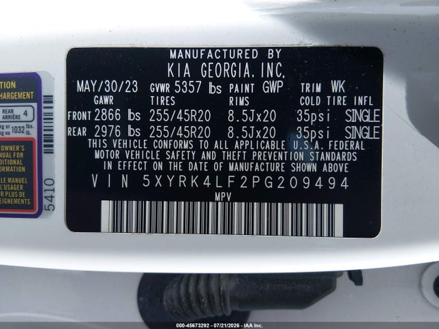 45673292 :رقم المزاد ، 5XYRK4LF2PG209494 vin ، 2023 Kia Sorento Sx مزاد بيع