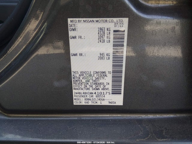 Продаж на аукціоні авто 2022 Nissan Altima S Fwd, vin: 1N4BL4BV1NN410175, номер лоту: 45673293