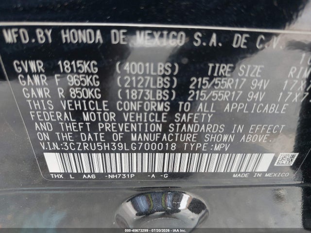 3CZRU5H39LG700018 Honda Hr-v 2wd Lx