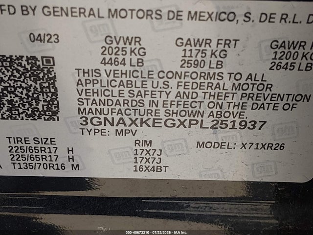 Продажа на аукционе авто 2023 Chevrolet Equinox Fwd Lt, vin: 3GNAXKEGXPL251937, номер лота: 45673310