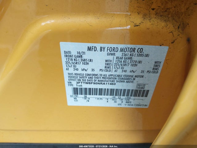 Aukcja sprzedaży 2022 Ford Maverick Xlt, vin: 3FTTW8F90NRA11460, numer aukcji: 45673320