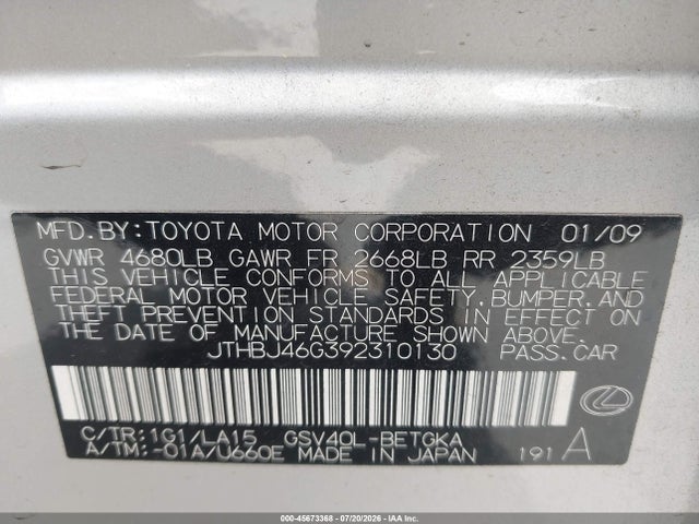 Aukcja sprzedaży 2009 Lexus Es 350, vin: JTHBJ46G392310130, numer aukcji: 45673368