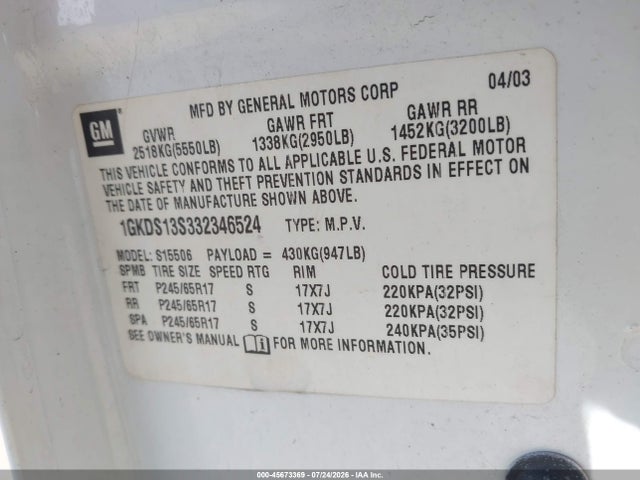 45673369 :رقم المزاد ، 1GKDS13S332346524 vin ، 2003 Gmc Envoy Slt مزاد بيع