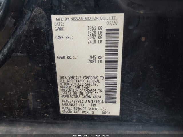 1N4BL4BV9LC251964 Nissan Altima S Fwd