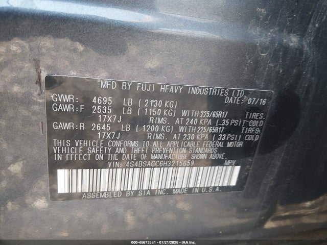 Продажа на аукционе авто 2017 Subaru Outback 2.5i Premium, vin: 4S4BSACC6H3215659, номер лота: 45673381