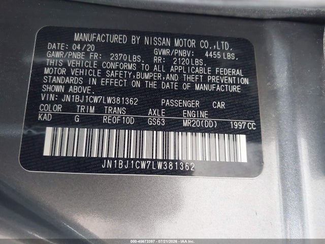 45673397 :رقم المزاد ، JN1BJ1CW7LW381362 vin ، 2020 Nissan Rogue Sport Sv Awd Xtronic Cvt مزاد بيع