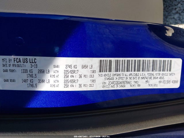 45673401 :رقم المزاد ، 2C4RDGBGXKR676401 vin ، 2019 Dodge Grand Caravan Se مزاد بيع
