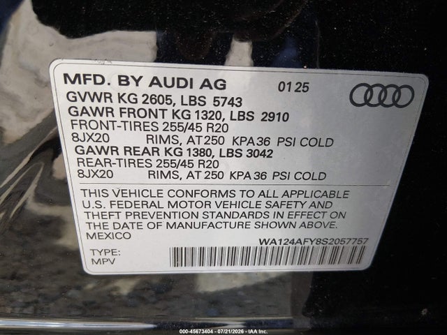 Продаж на аукціоні авто 2025 Audi Sq5 Sportback Premium Plus Tfsi Quattro Tiptronic, vin: WA124AFY8S2057757, номер лоту: 45673404