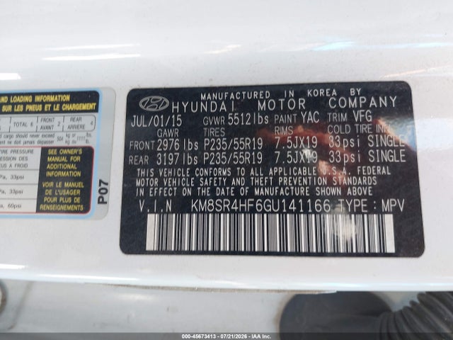 45673413 :رقم المزاد ، KM8SR4HF6GU141166 vin ، 2016 Hyundai Santa Fe Limited مزاد بيع
