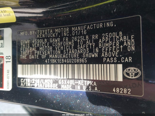 Aukcja sprzedaży 2016 Toyota Avalon Limited, vin: 4T1BK1EB4GU208965, numer aukcji: 45673422