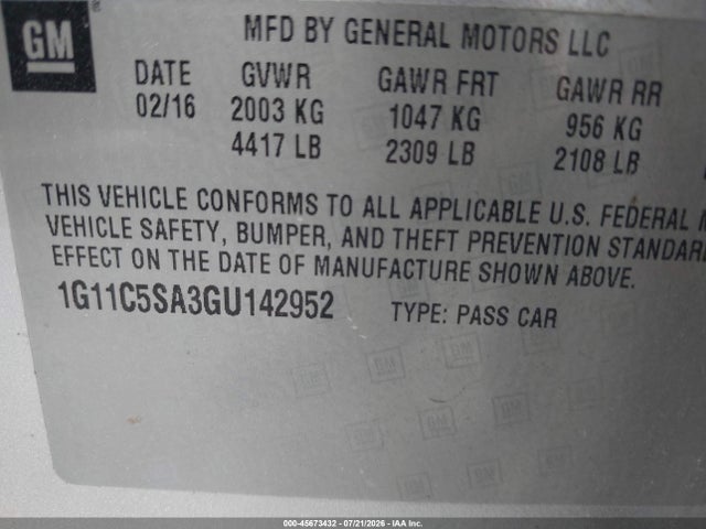 45673432 :رقم المزاد ، 1G11C5SA3GU142952 vin ، 2016 Chevrolet Malibu Limited Lt مزاد بيع