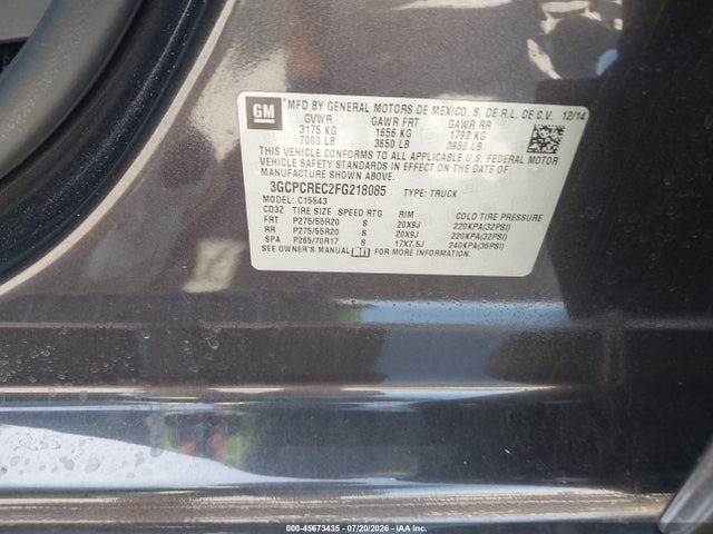 45673435 :رقم المزاد ، 3GCPCREC2FG218085 vin ، 2015 Chevrolet Silverado 1500 1lt مزاد بيع