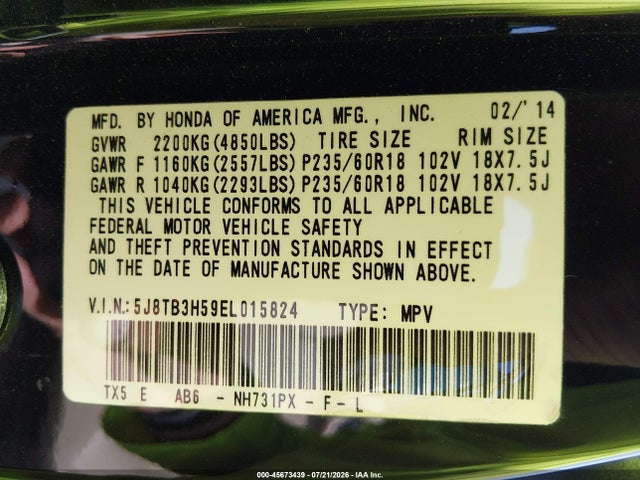 Aukcja sprzedaży 2014 Acura Rdx, vin: 5J8TB3H59EL015824, numer aukcji: 45673439