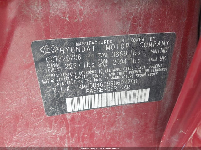 45673462 :رقم المزاد ، KMHDU46D59U607780 vin ، 2009 Hyundai Elantra Gls مزاد بيع