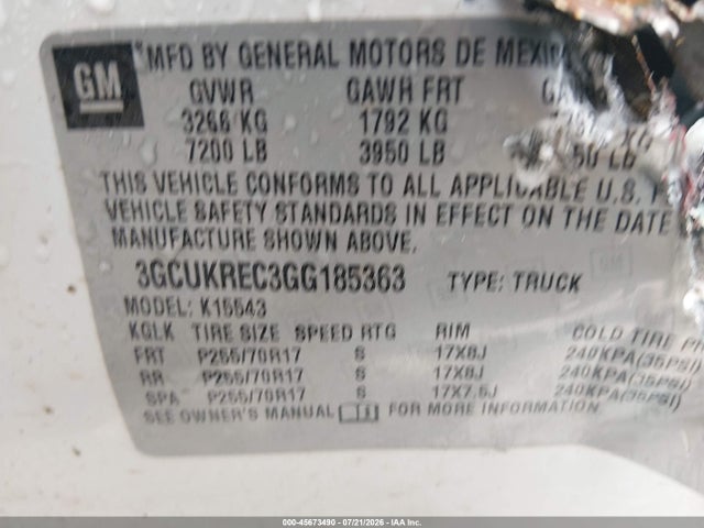 45673490 :رقم المزاد ، 3GCUKREC3GG185363 vin ، 2016 Chevrolet Silverado 1500 Lt مزاد بيع